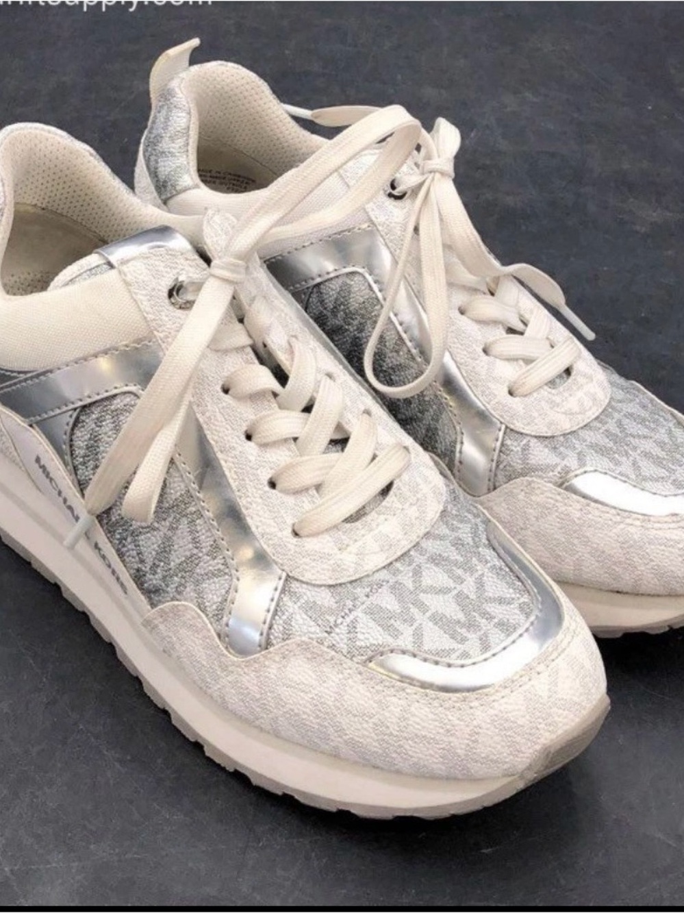 Michael Kors Wilma Trainer Silver White Logo-Print Metallic Athletic Sneakers